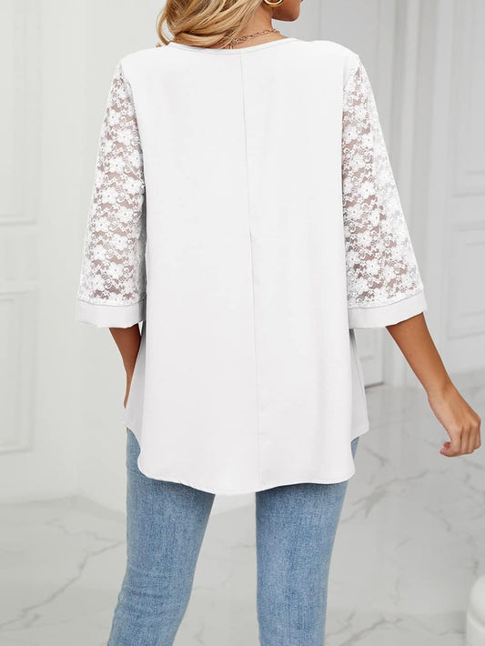 Casual 3/4 Sleeve Lace Chiffon Solid T-Shirt