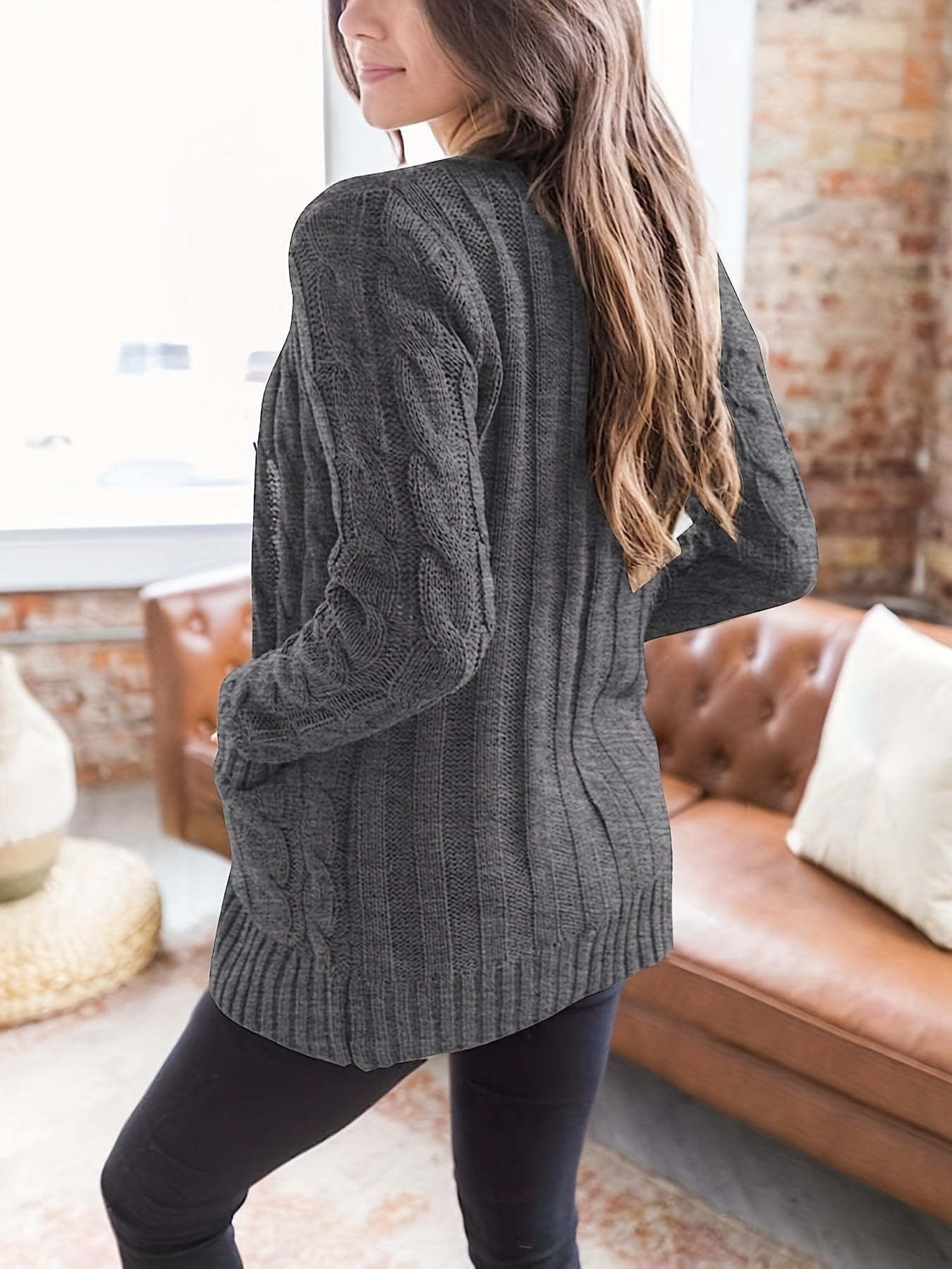 Cable Knit Button Front Cardigan, Casual Solid Long Sleeve Cardigan