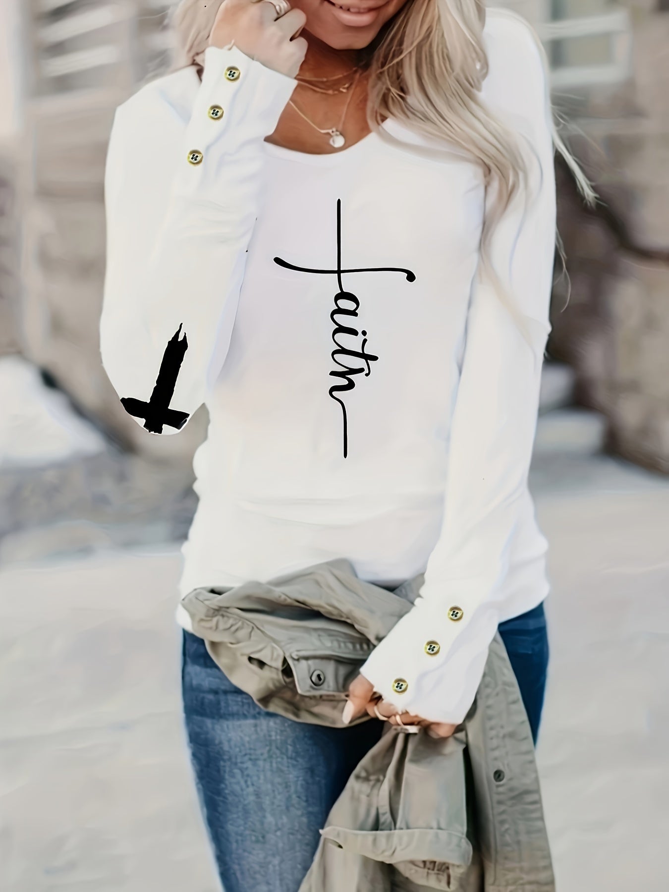 Cross & Letter Print Crew Neck T-Shirt, Casual Long Sleeve Top