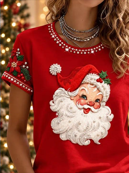 100% Cotton Red Santa Claus Printing Short Sleeve Crew Neck Top
