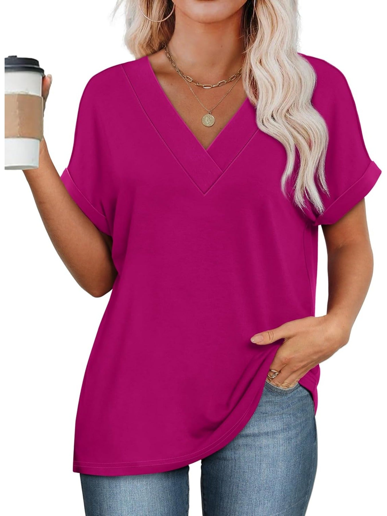Solid Color V Neck Short Dolman Sleeve Shirts