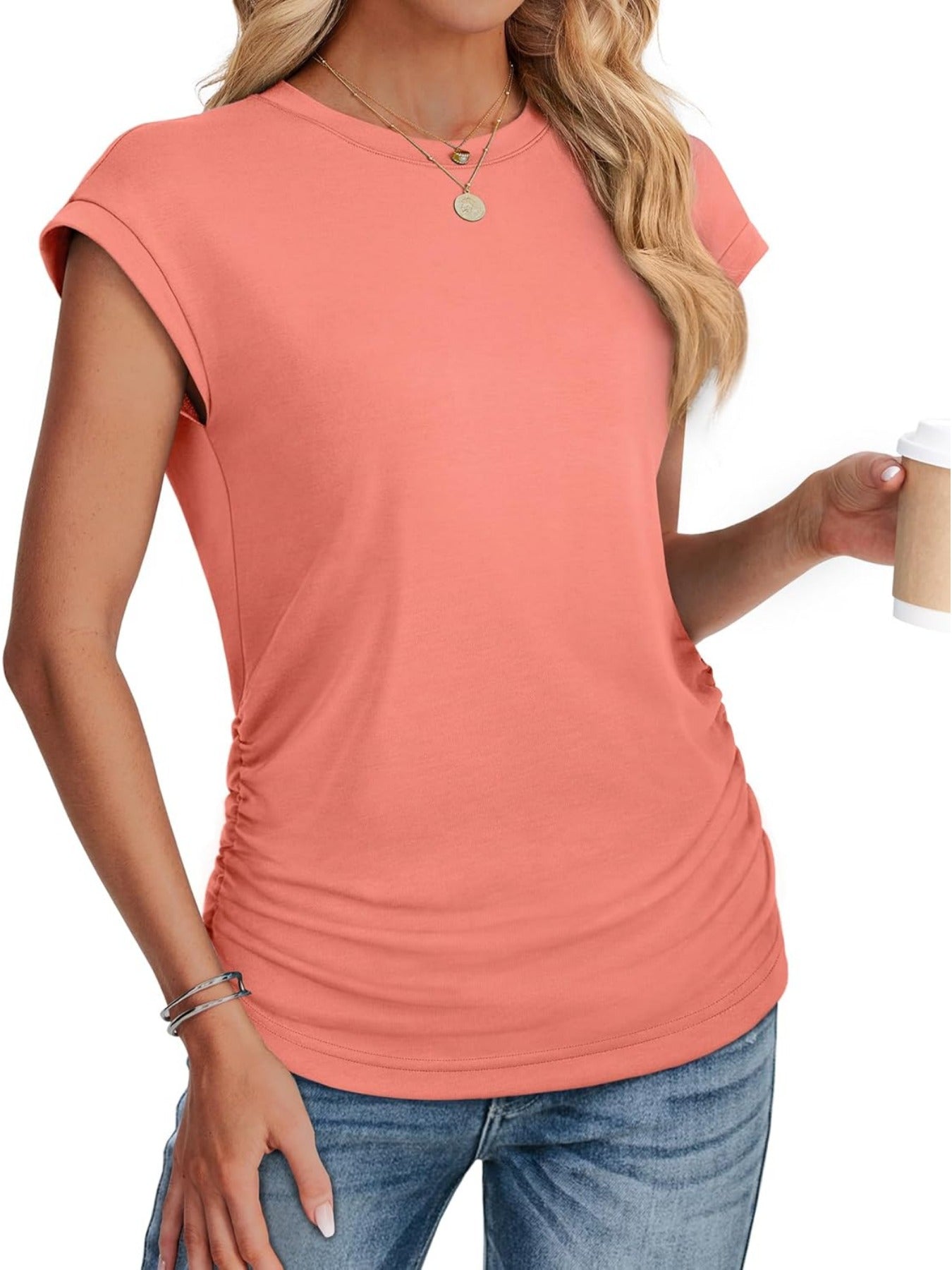 Solid Color Crew Neck Ruched Cap Short Sleeve T Shirts