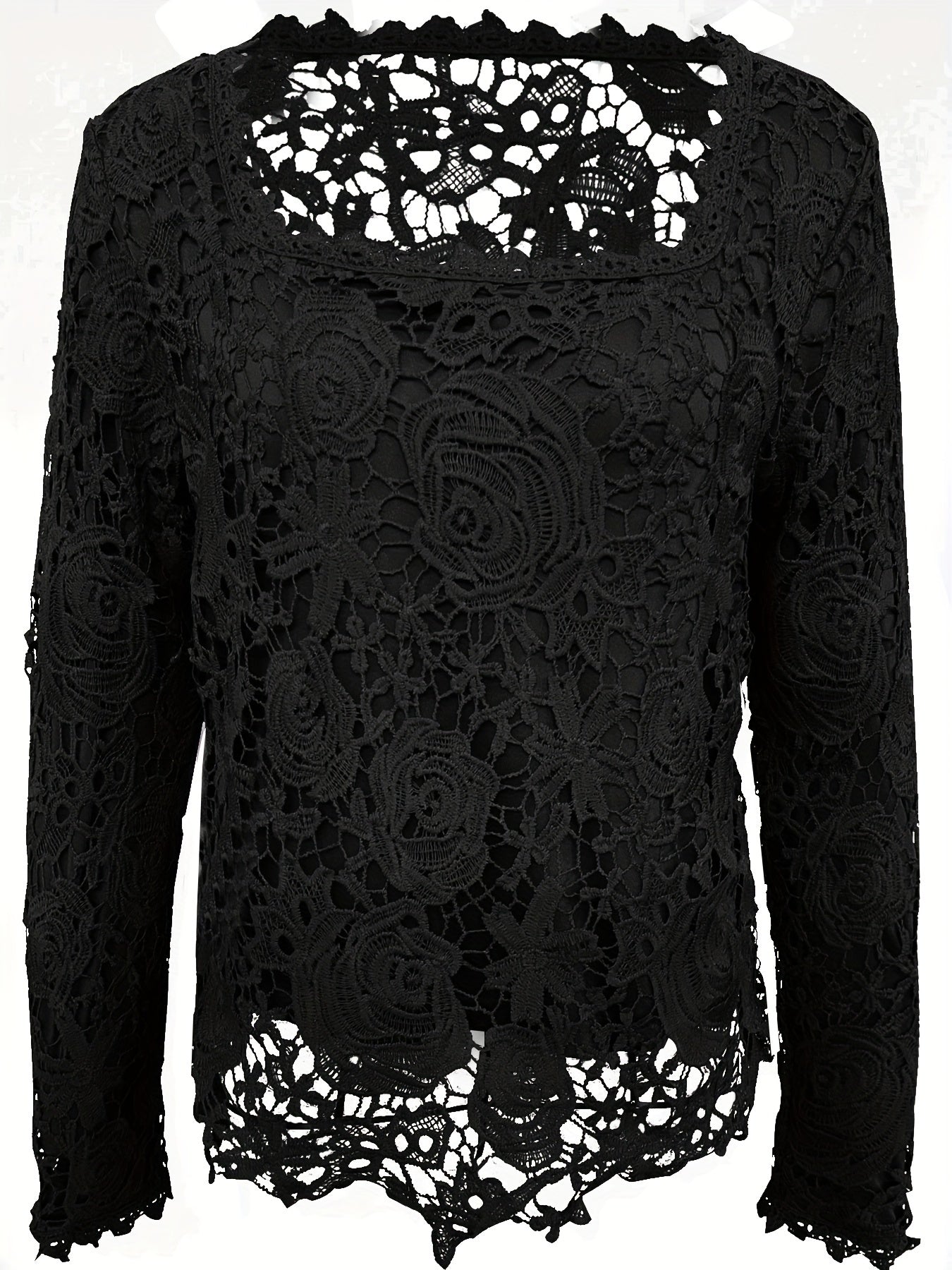 Solid Square Neck Lace T-Shirt, Casual Long Sleeve T-Shirt