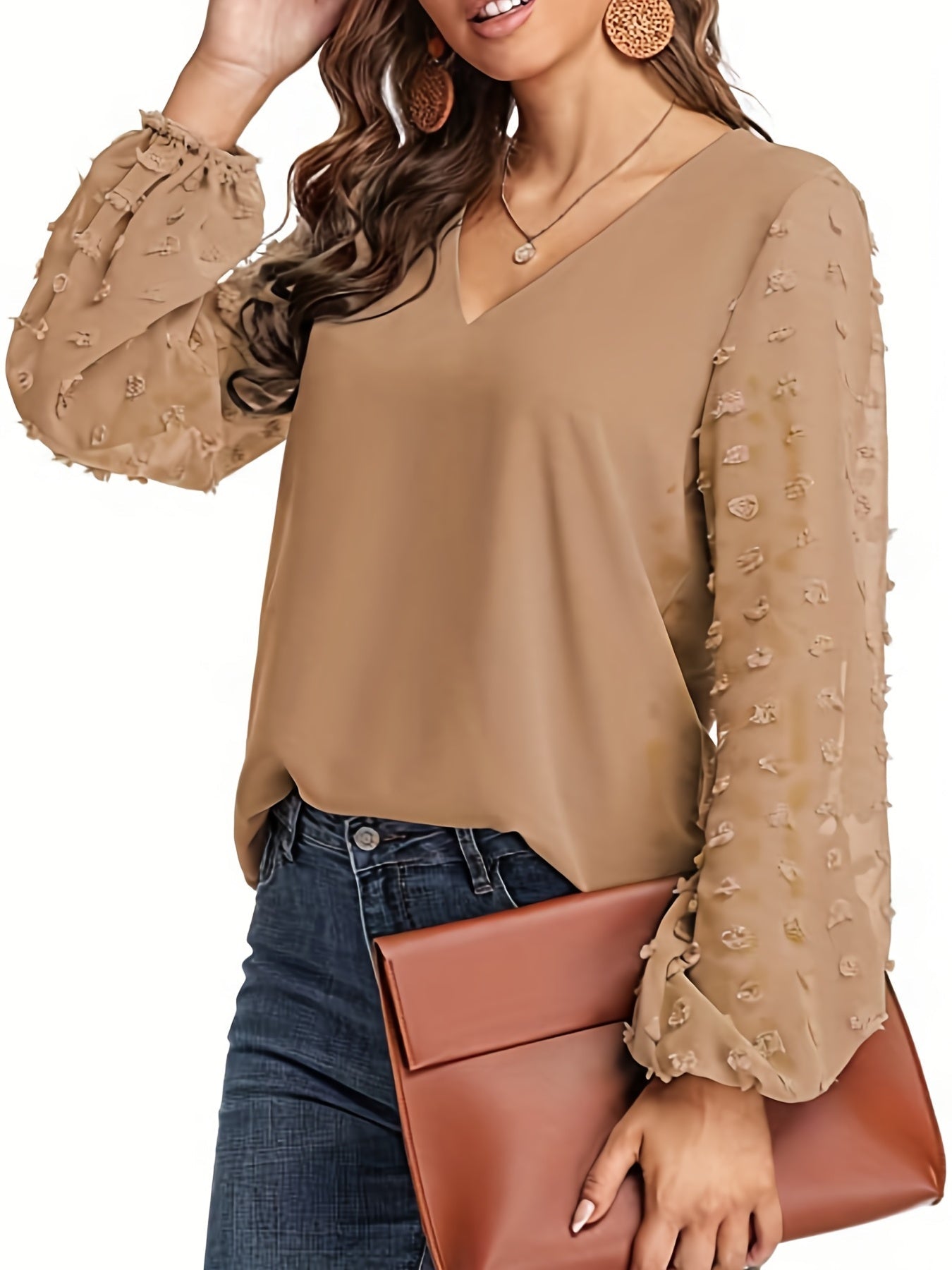 Swiss Dot Sleeve Shirt, Casual V Neck Solid Shirt