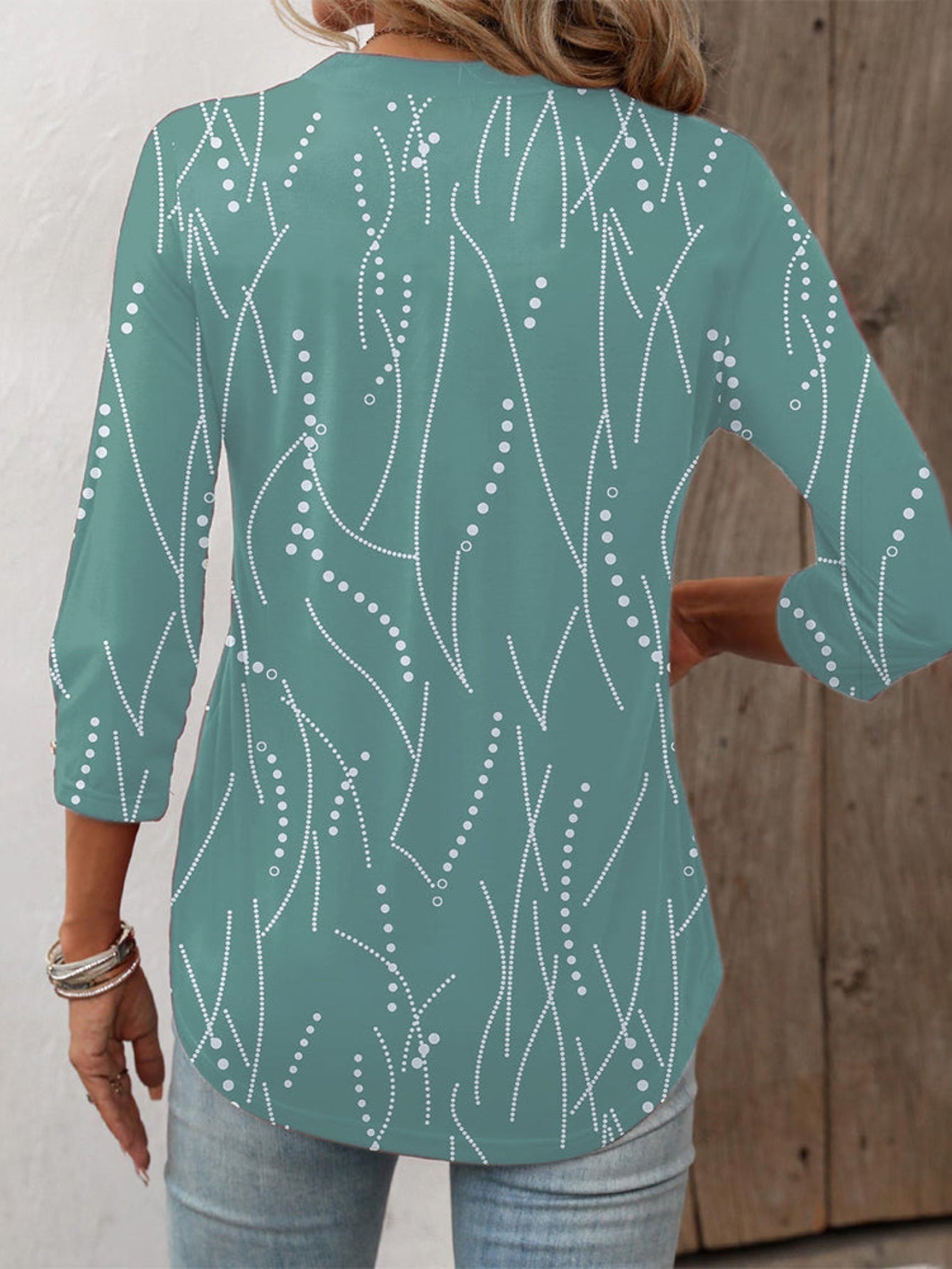 Button Print and V-neck 3/4 Sleeve Elegant Top