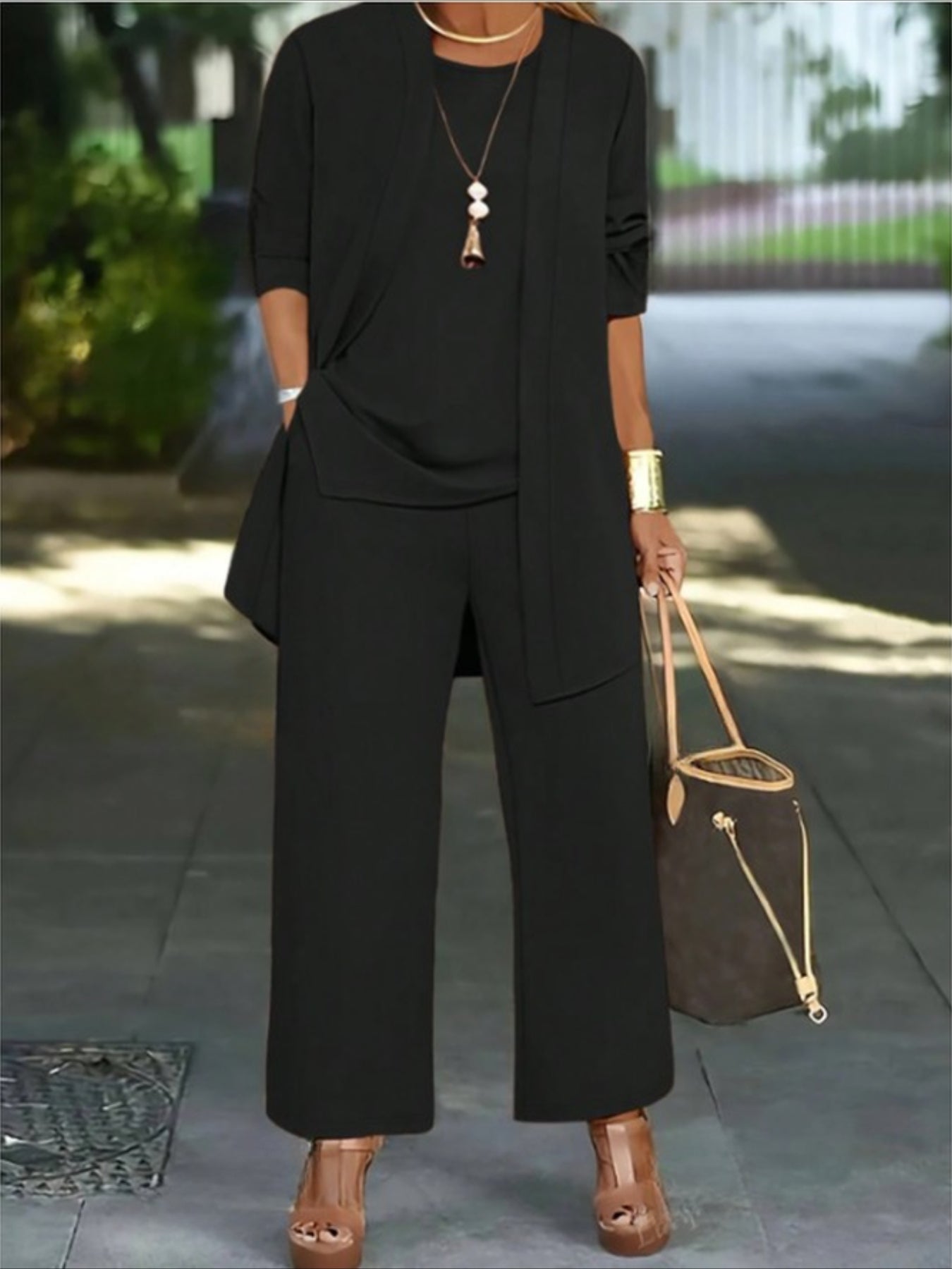 Plain Split Joint Matching Outfit Commuting Long Sleeve Casual Multi-Piece Matching Set