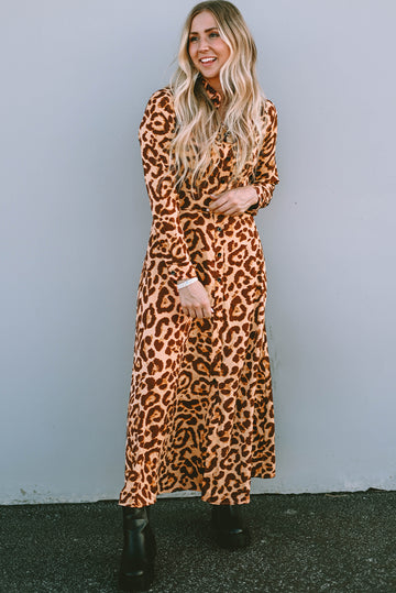 Leopard Button-Up Long Sleeve Maxi Dress