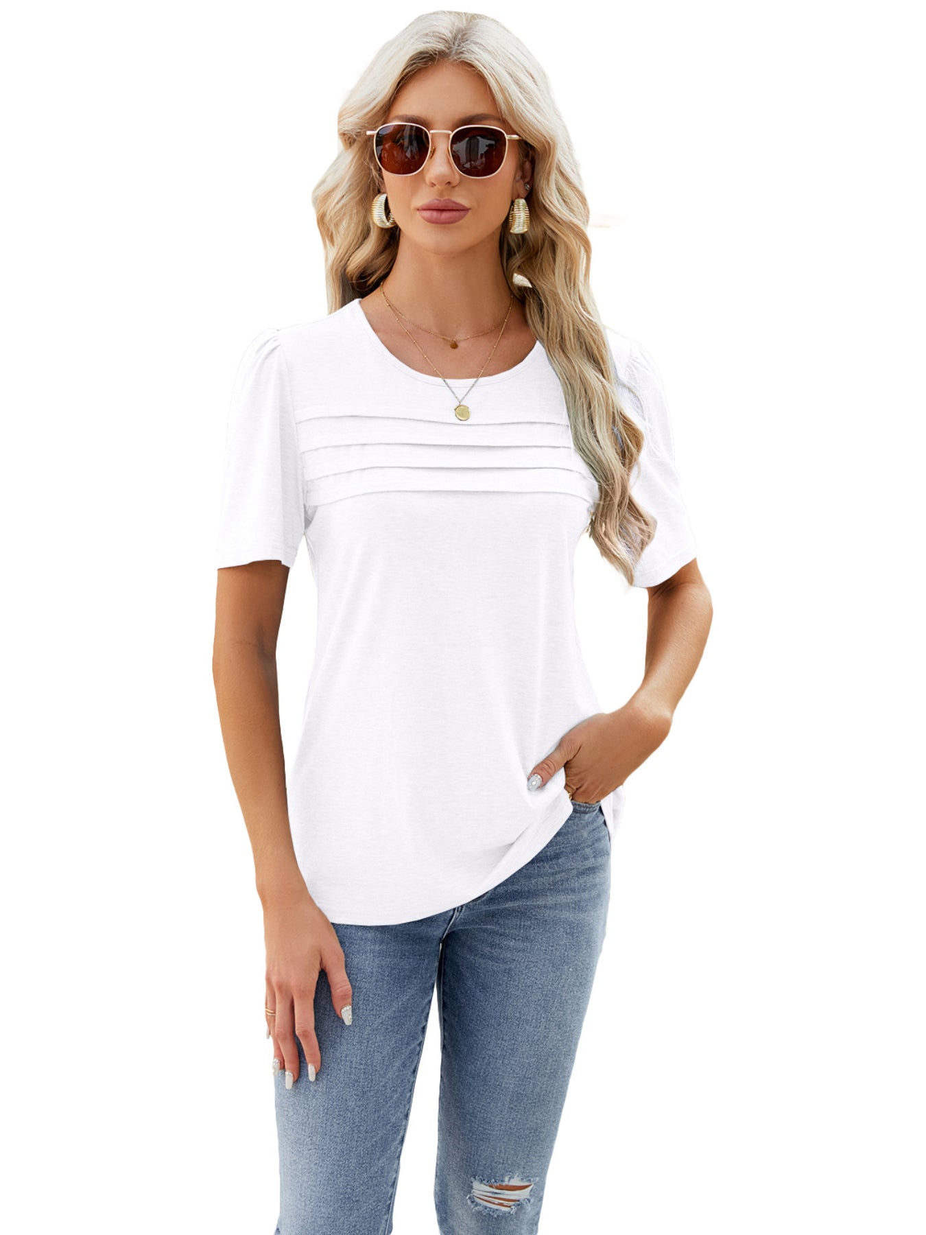 Solid Crew Neck T-shirt, Casual Short Sleeve Ruched Top