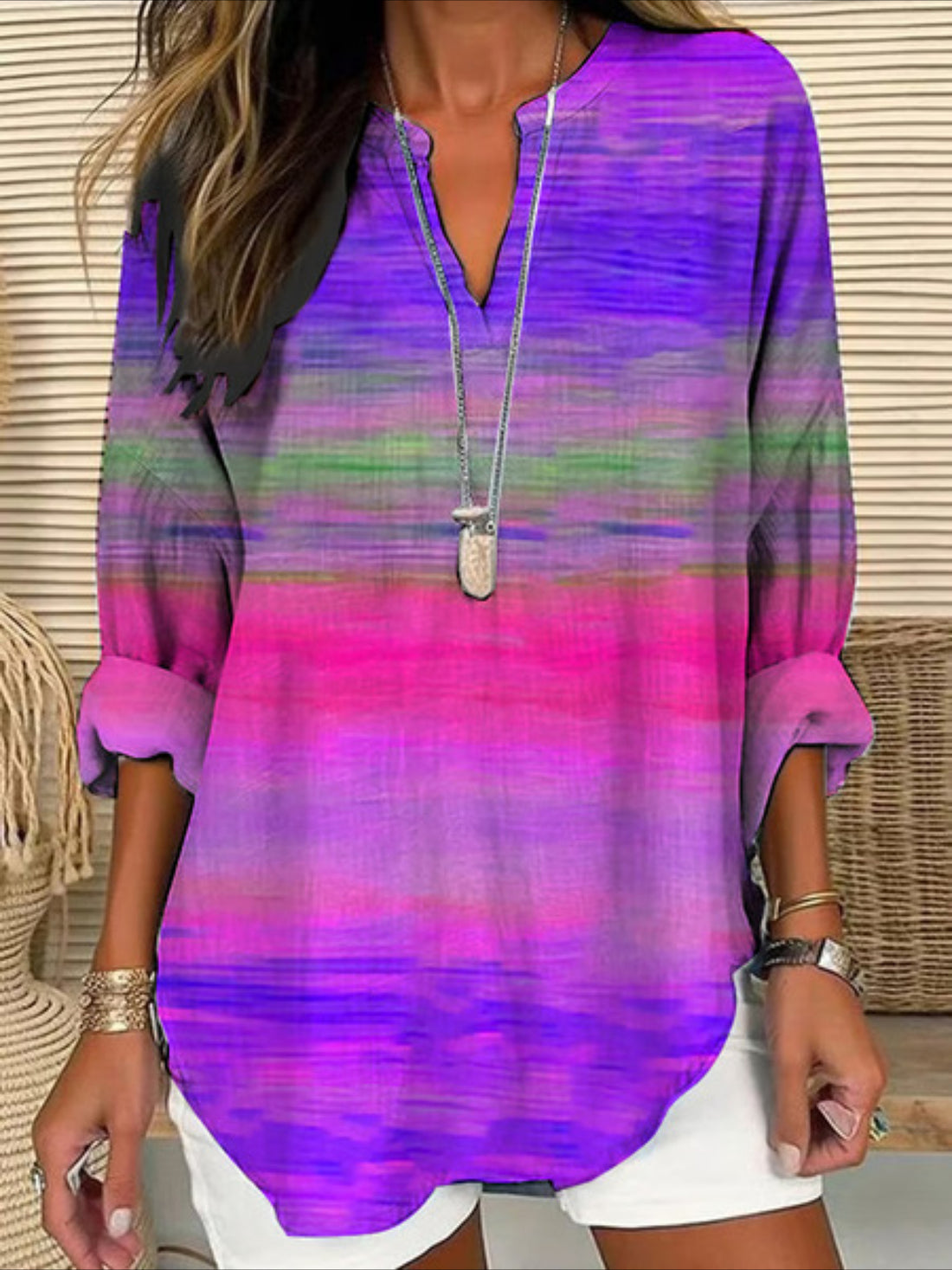 Abstract Long Sleeve Blouse Spring/Fall Printing V Neck Daily Casual Top