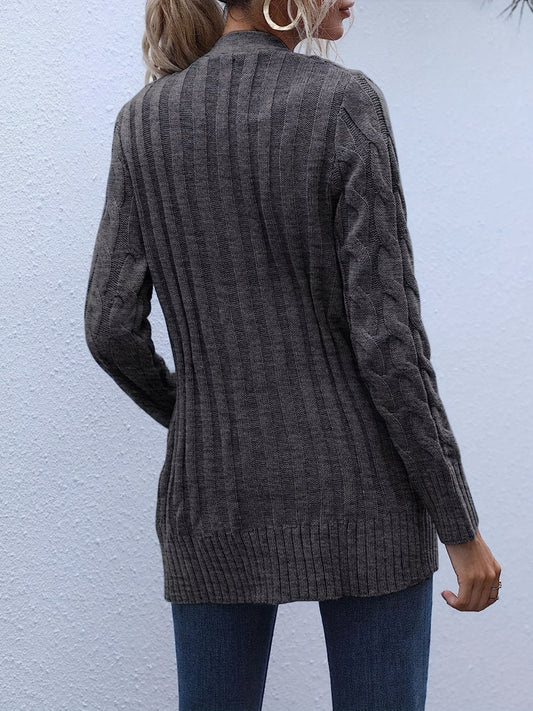 Cable Knit Button Front Cardigan, Casual Solid Long Sleeve Cardigan
