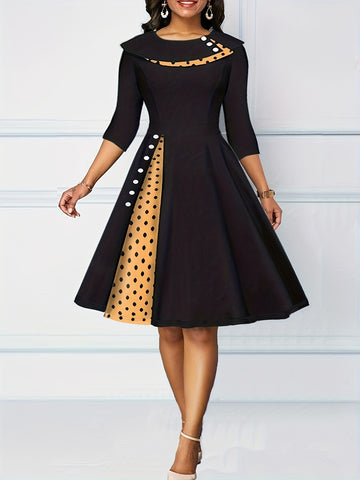 A-line Retro Dress, 3/4 Sleeve Polka Dot Casual Dress