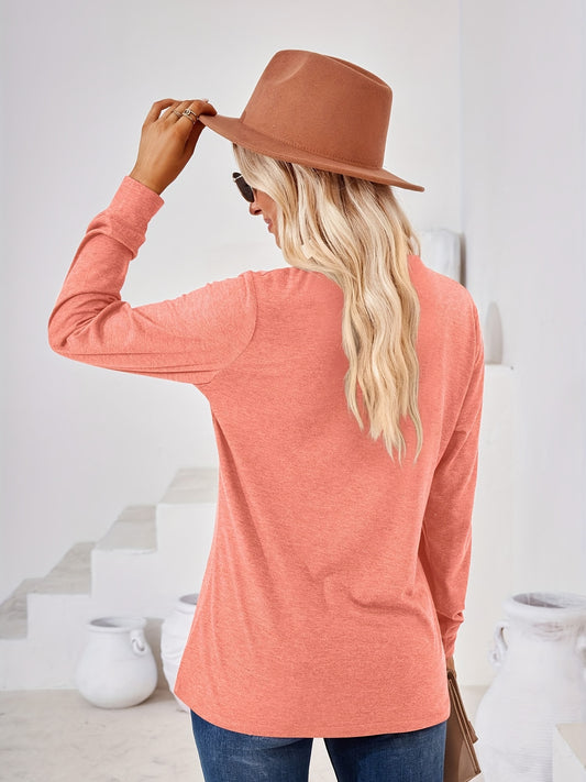 Solid Long Sleeve Button Decor Notched Neck Slight Stretch Tee