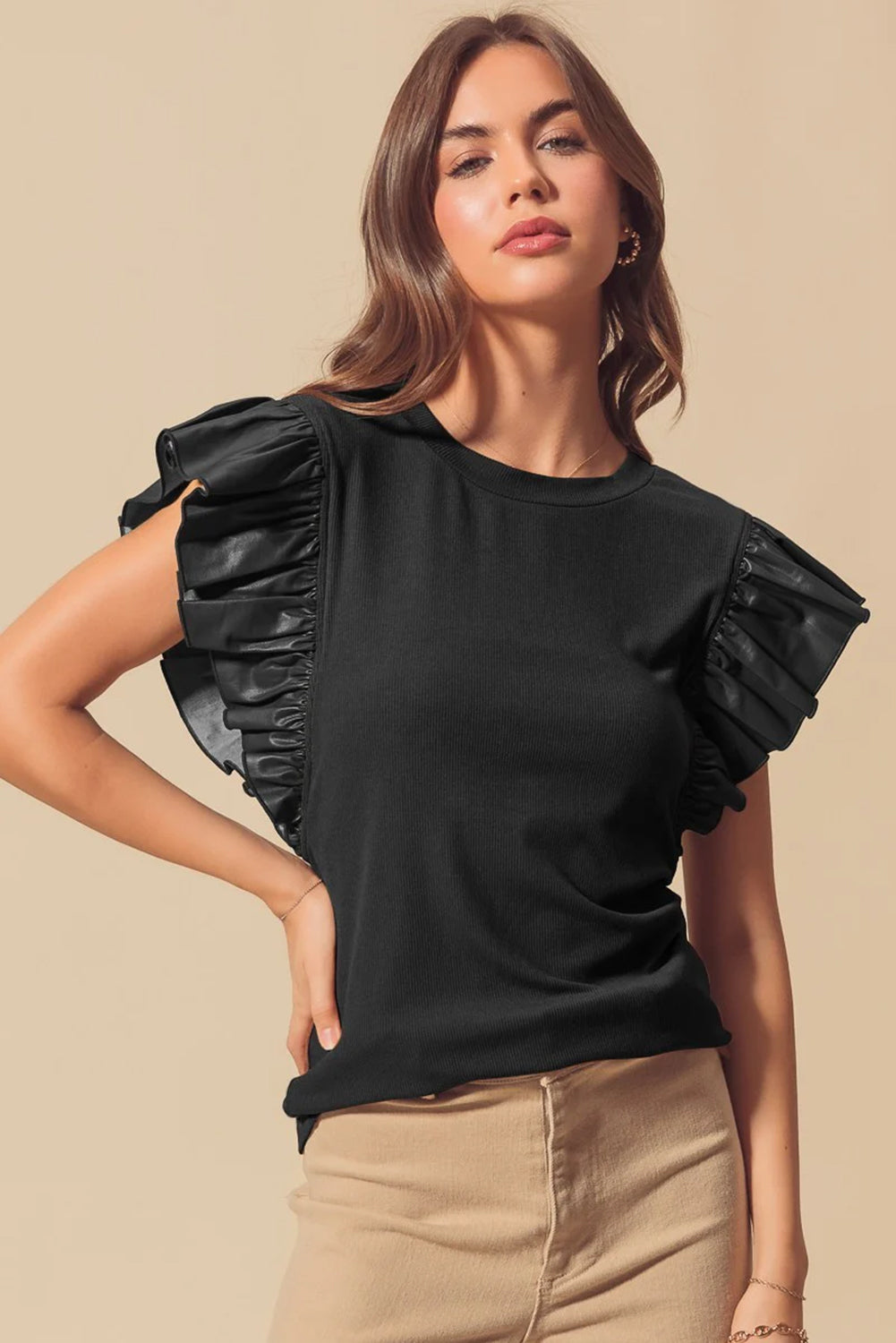 Black Leather Ruffle Sleeve Patchwork Round Neck Blouse