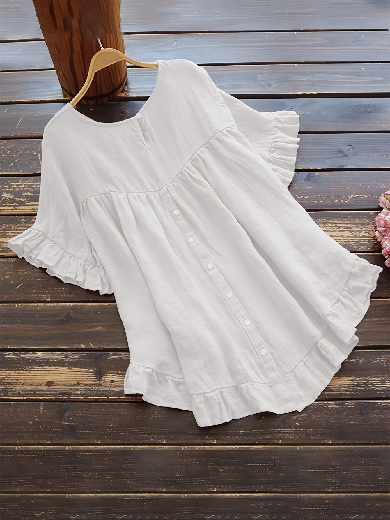 Solid Button Back Ruffled Trim Blouse, Casual Short Sleeve Blouse