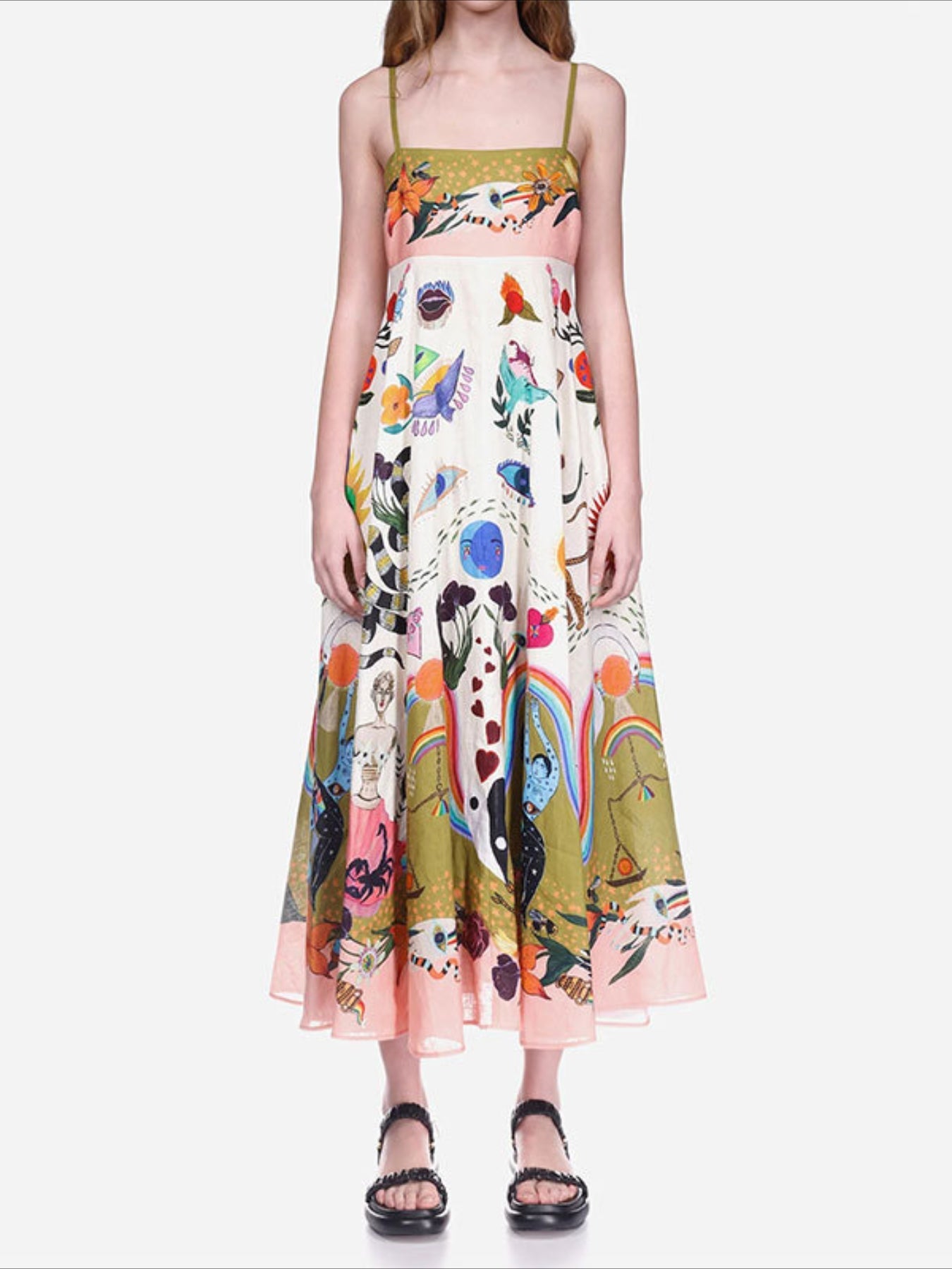 Cartoon Drawstring Print Shirred Cami Dress, Elegant Sleeveless Spaghetti Strap Dress