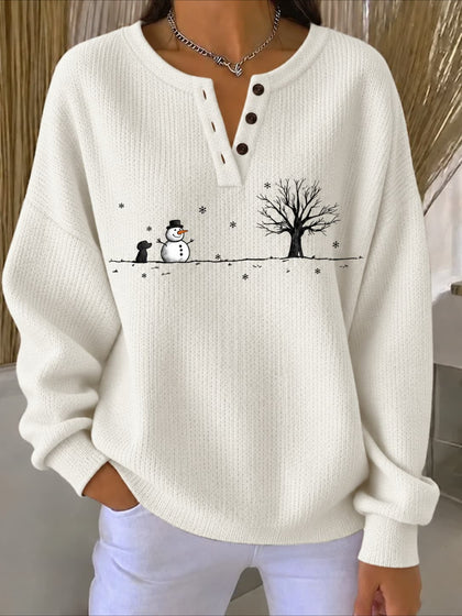 Winter Snowman Puppy Print Crew Neck Button Long Sleeve Top