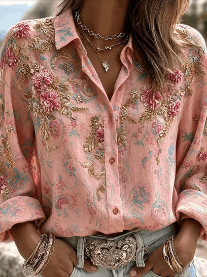 Flower Prints Shirt Collar Casual Long Sleeve Blouse