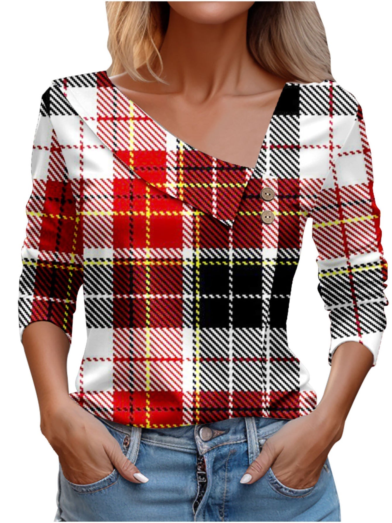 Chic Plaid Print Elegant Long Sleeve V-Neck T-Shirt
