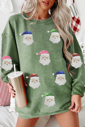Grass Green Corded Ribbed Sequin Patched Santa Claus Graphic Sweatshirt