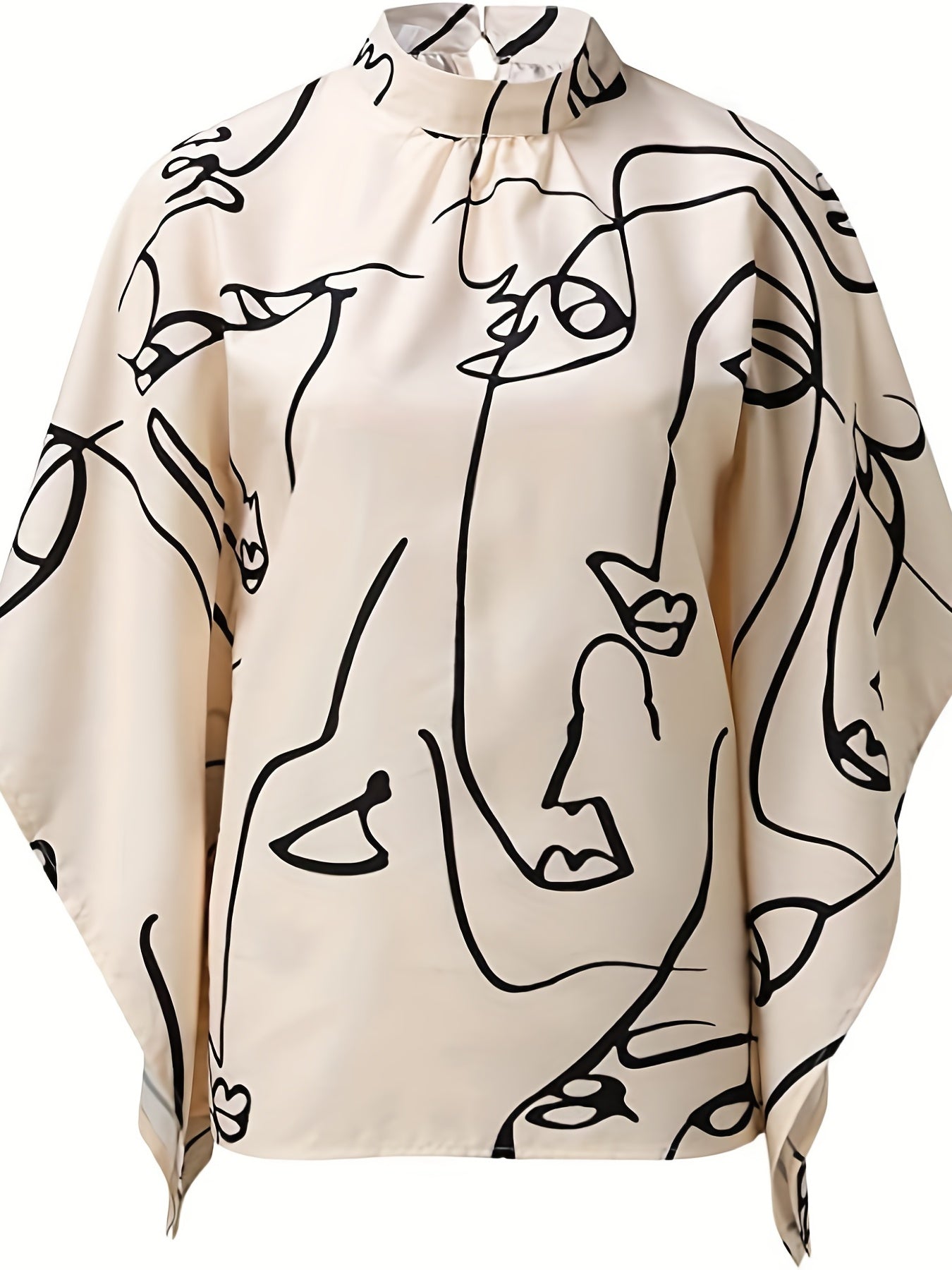 Asymmetrical High Neck Batwing Sleeve Shirt, Letter Print Elegant Summer Stretchy Shirt