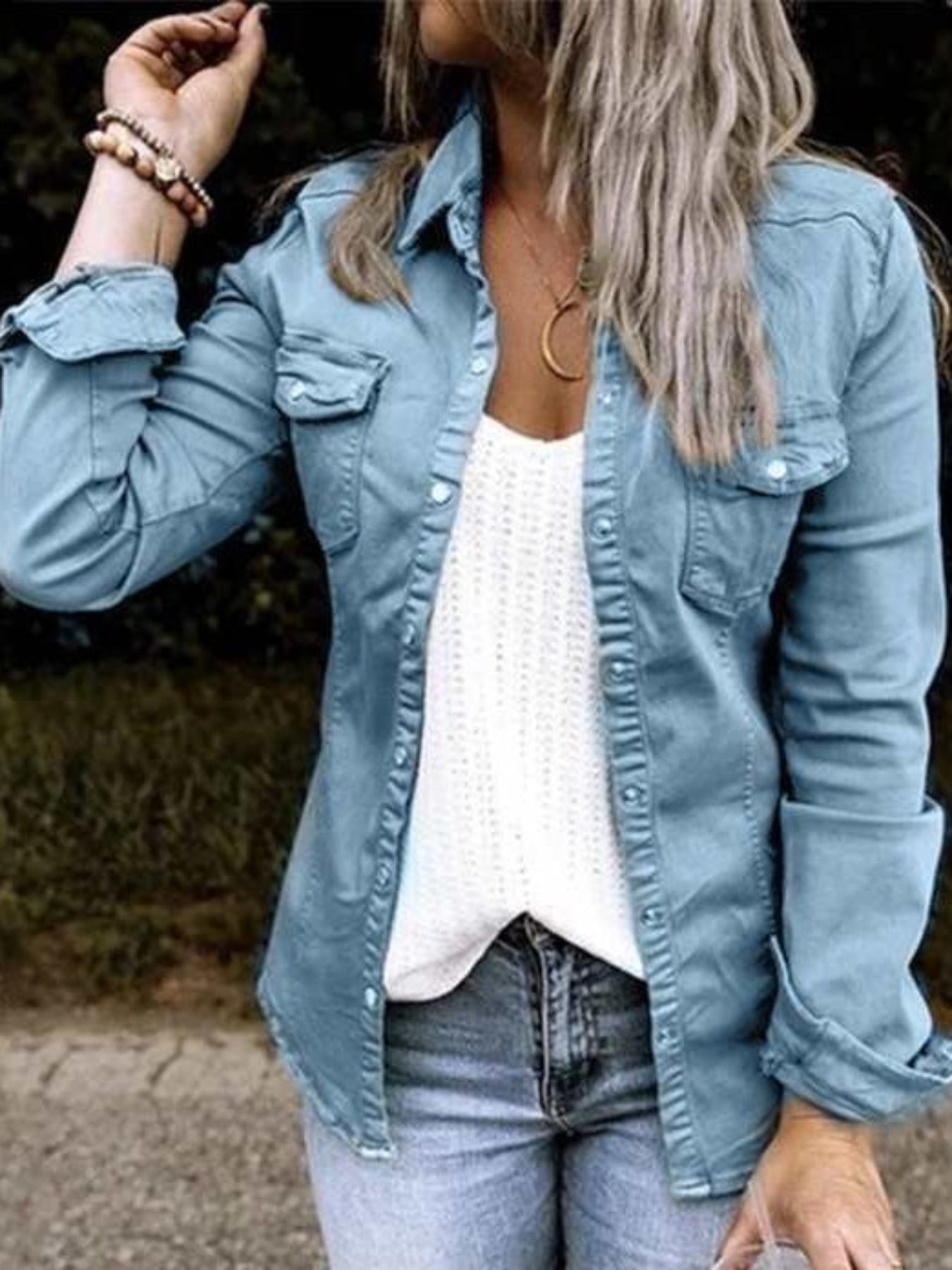 Stylish Denim Safari Top, Button Up Ruched Trim Long Sleeve Collared Shirt, Casual Light Jacket Tops