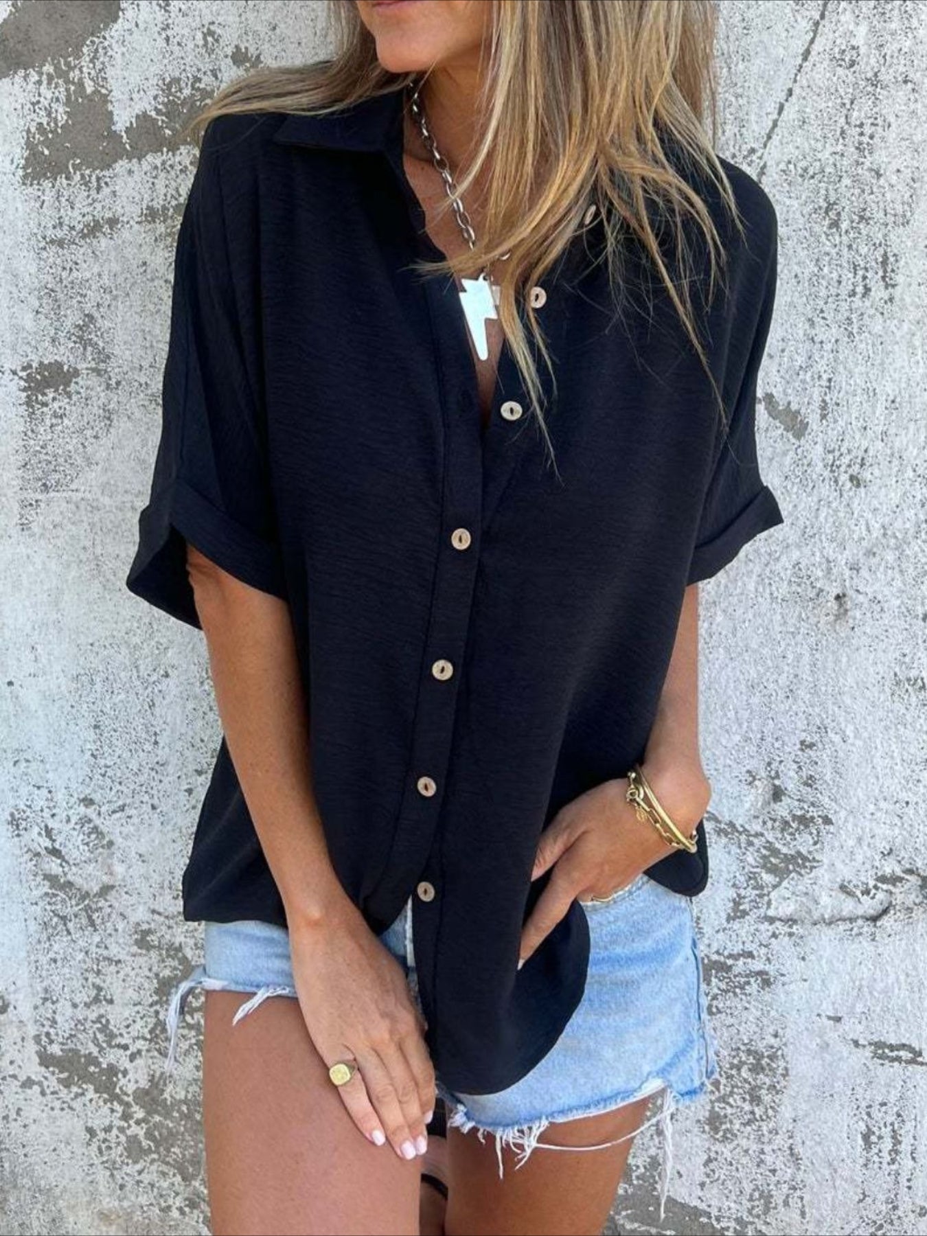 Casual Button Collared Short Sleeve Tunic Tops with Pocket