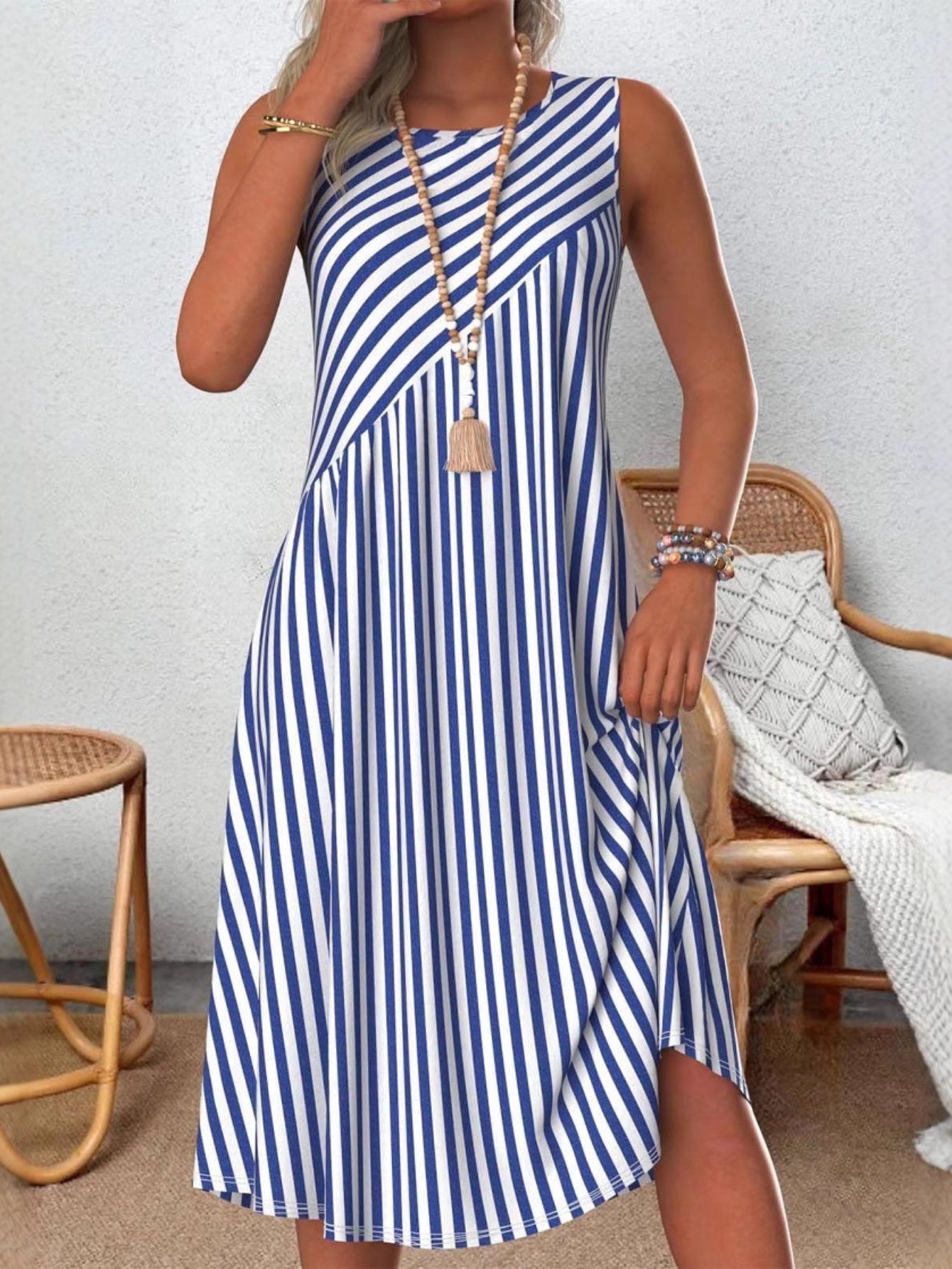 Striped Crew Neck Sleeveless Comfy Casual Midi Dress
