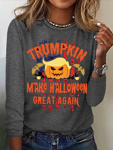 Halloween Print Long Sleeve Crew Neck Regular Fit Top
