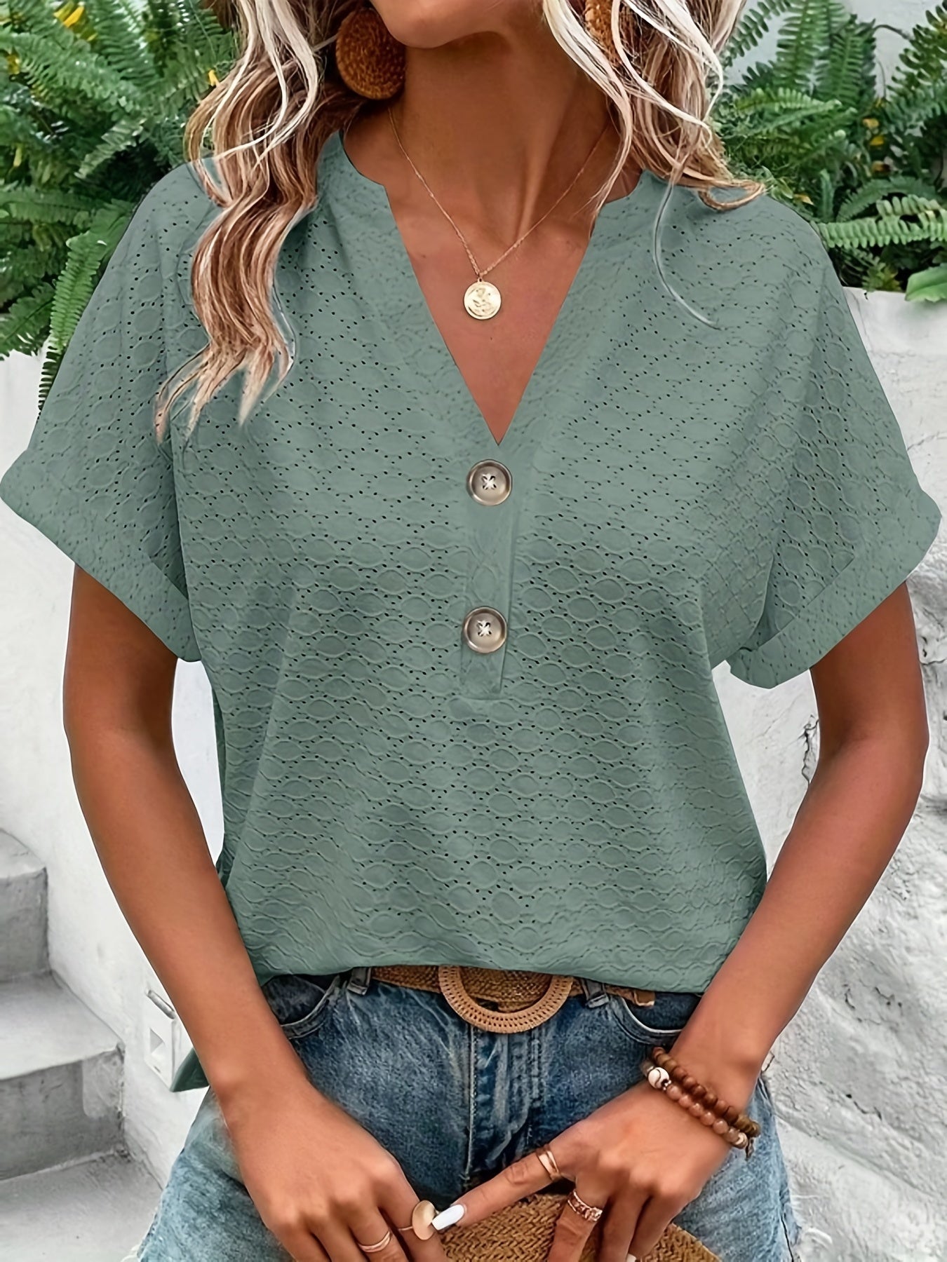 Solid Button Front V Neck T-Shirt, Casual Short Sleeve Top