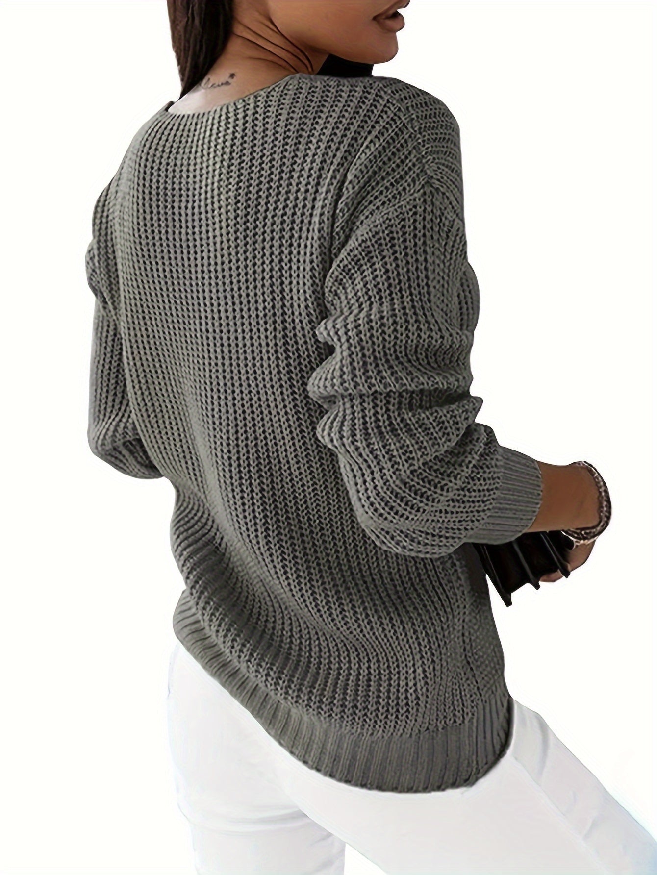 Cable Knit V Neck Sweater, Casual Long Sleeve Sweater