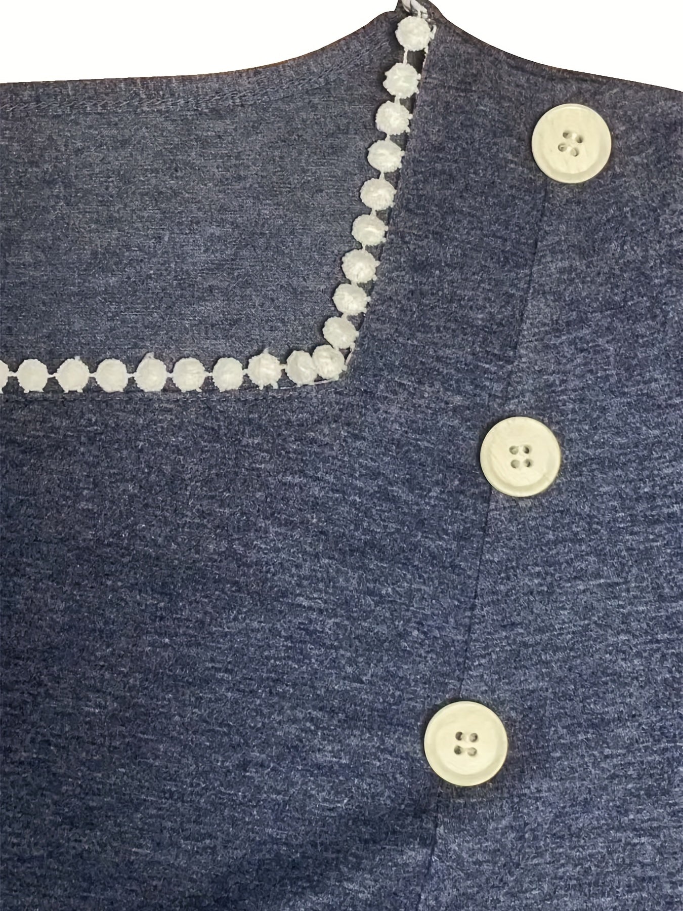 Button Decor Square T-Shirt, Casual Lace Stitching T-Shirt
