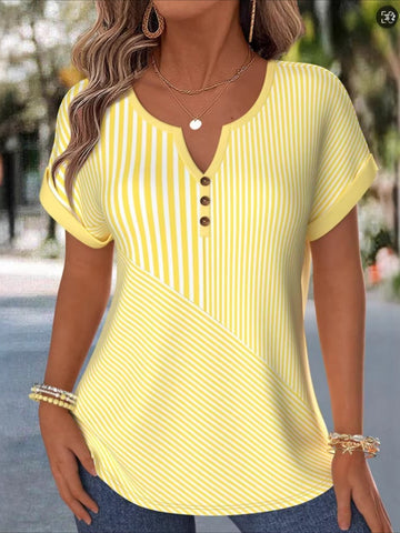 Line Pattern V Neck Button Short Sleeve T-Shirt