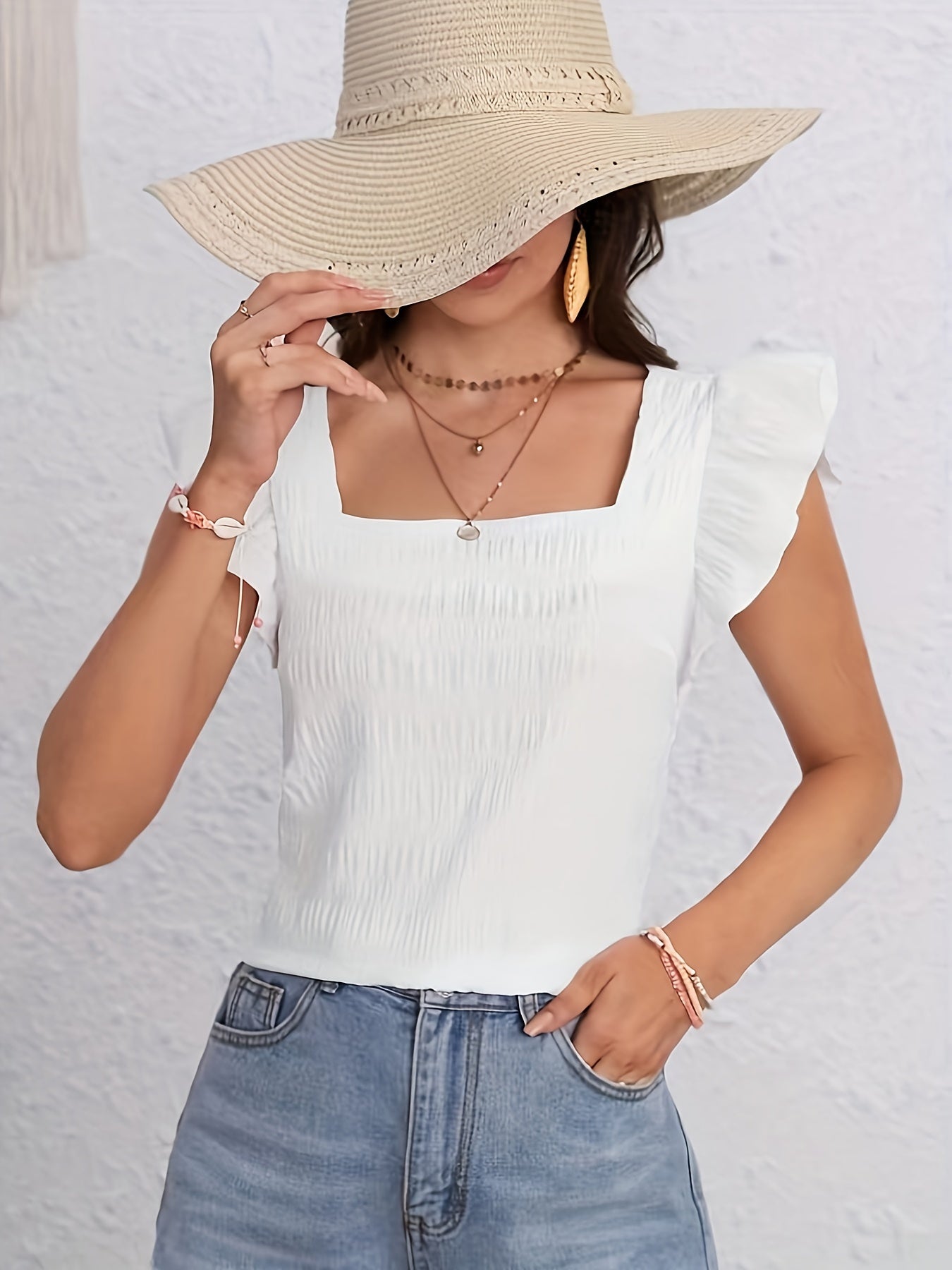 Ruffle Trim Solid Blouse, Elegant Squared Neck Versatile Blouse