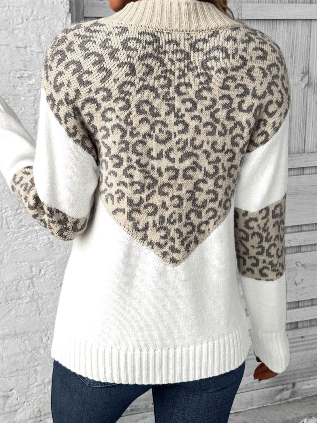 Patchwork Leopard Long Sleeve V Neck Sweater