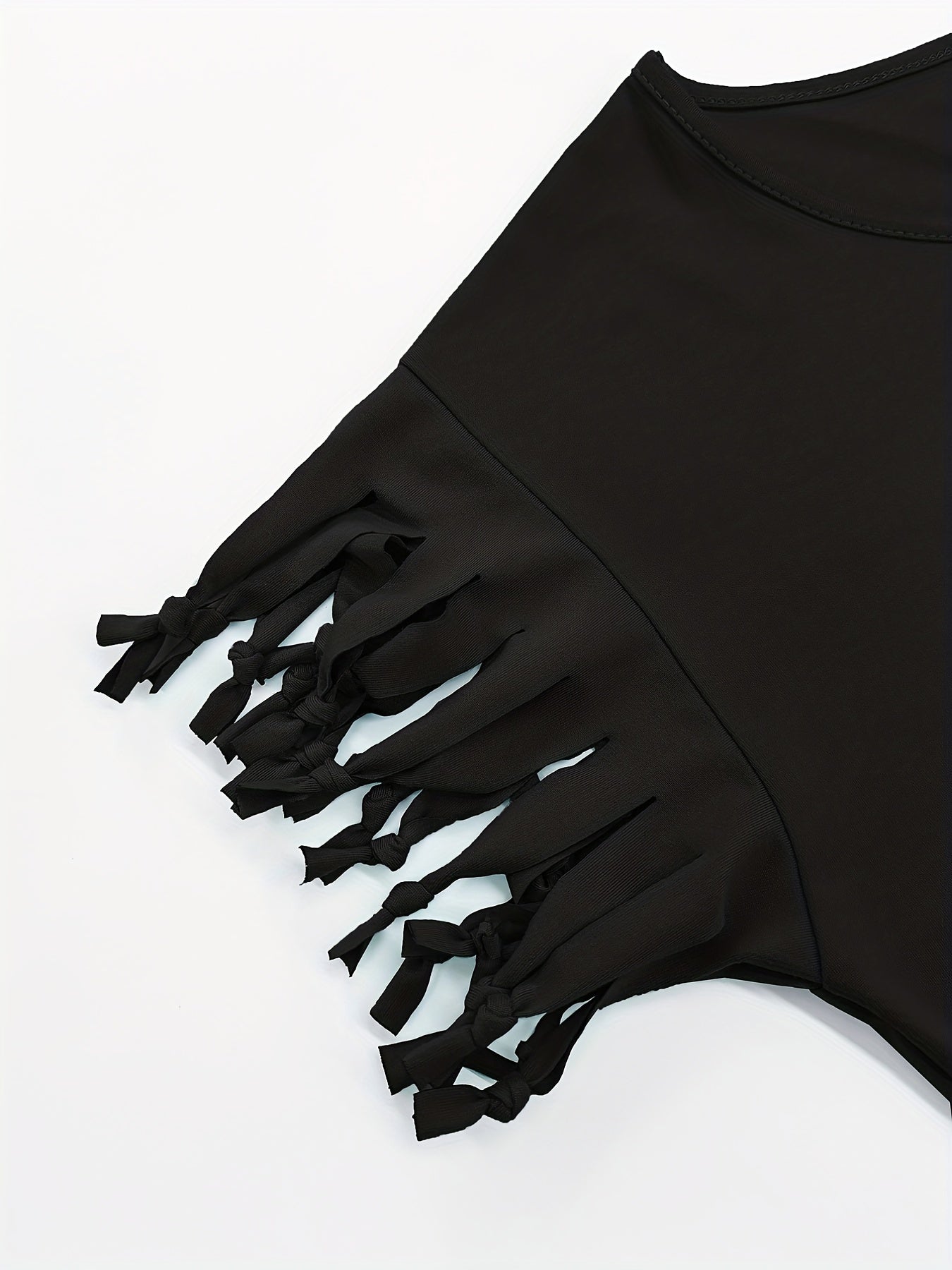 Fringe Hem Solid  T-Shirt, Crew Neck Short Sleeve T-Shirt