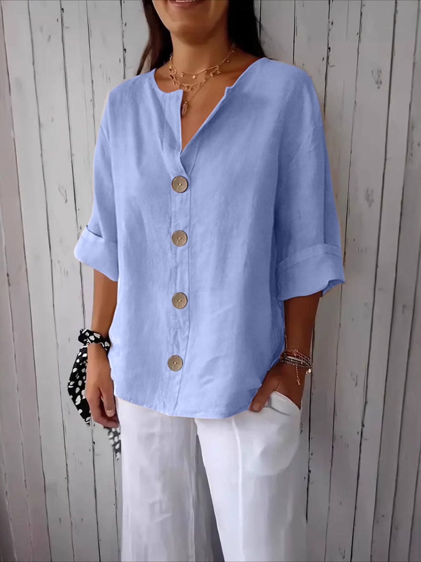 V-Neck Button-Up Solid Color Short Sleeve Loose Fit Short Sleeve Shirt