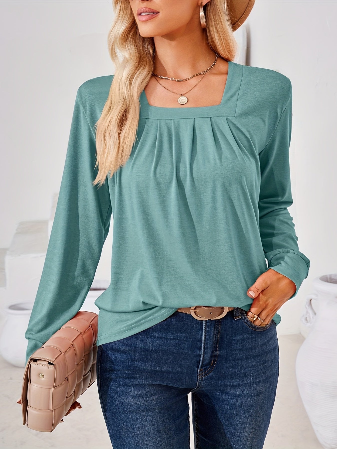 Solid Square Long Sleeve T-Shirt, Casual T-Shirt