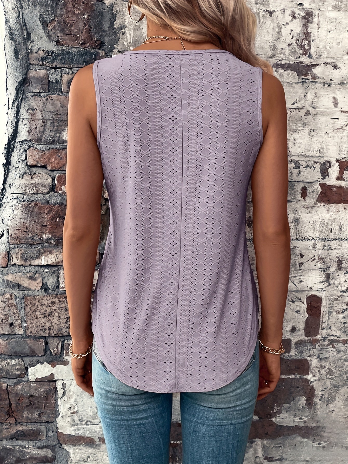 Eyelet Solid Tank Top, Casual V Neck Summer Sleeveless Top