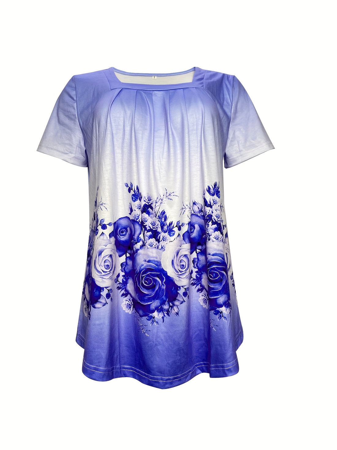 Floral Print T-Shirt, Casual Ombre Square Neck Short Sleeve T-Shirt
