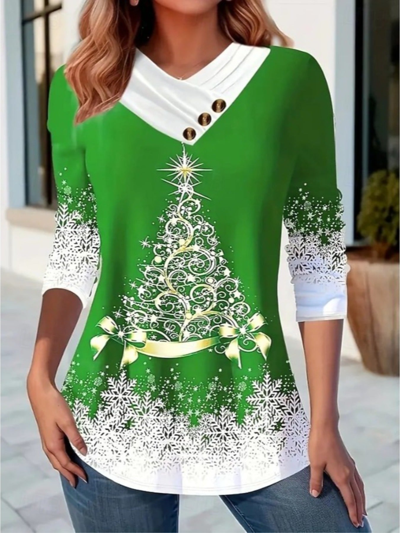 Christmas Grid Print Button Decor T-shirt, Casual Long Sleeve Plaid Print T-shirt