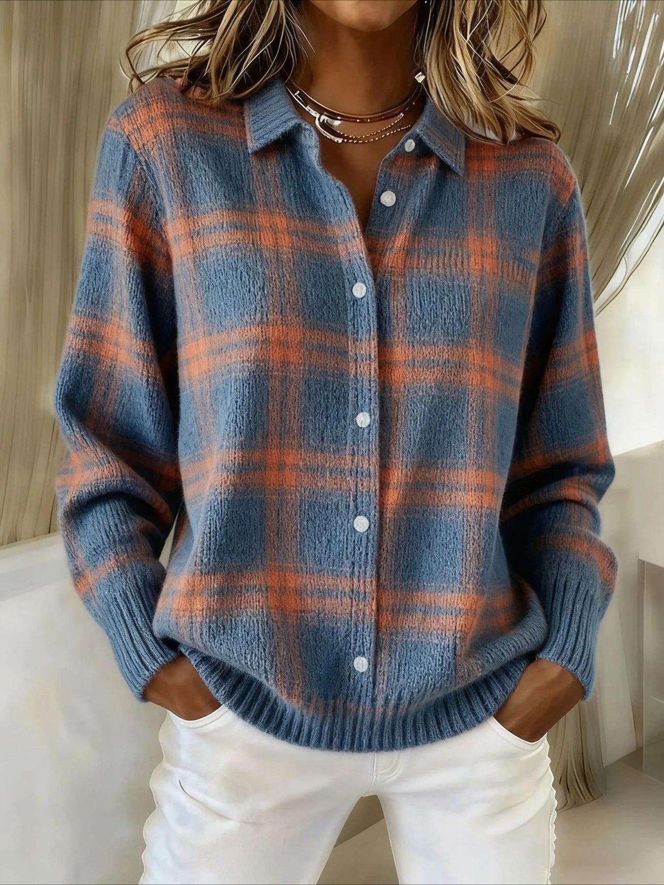 Checkered Printing Polo Collar Button-down Knitted Cardigan Sweater