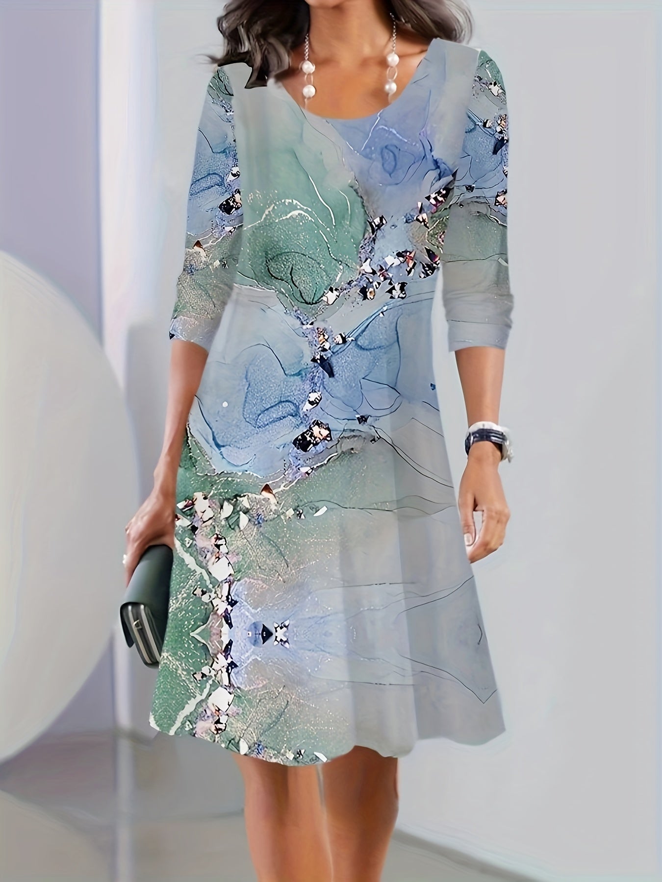 Graphic Print Long Sleeve Dress, Casual Crew Neck Midi Dress