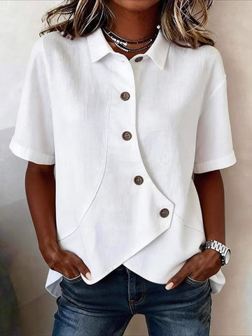 Cotton And Linen Shawl Collar Short Sleeve Asymmetry Placket Design Button Summer Going Out Casual Shirt