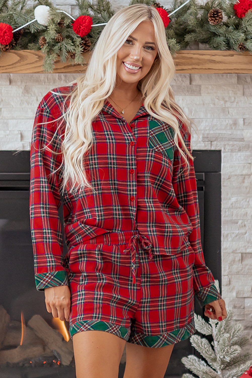 Dear Lovers Red Plaid Contrast Patched Christmas Holiday Long Sleeve Shirt and Short 2pcs Pajama Set