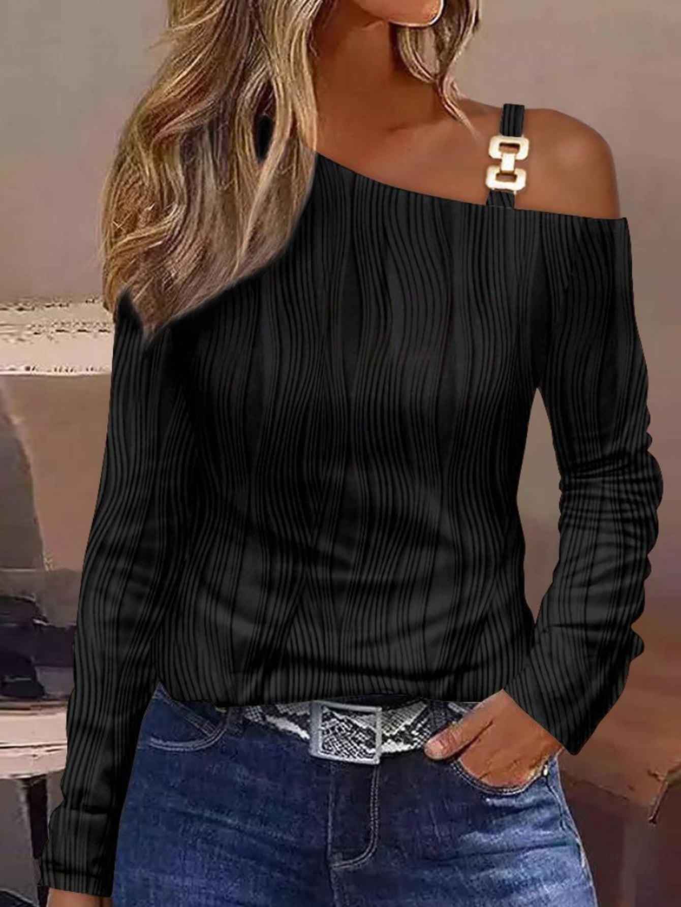 Cutout Lace Stitching Cold Shoulder T-Shirt, Casual Long Sleeve Top