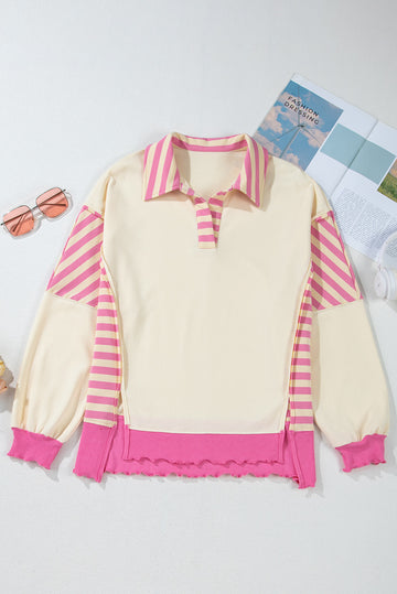 Pink Stripe Colorblock Patchwork Collared French Terry Knit Top