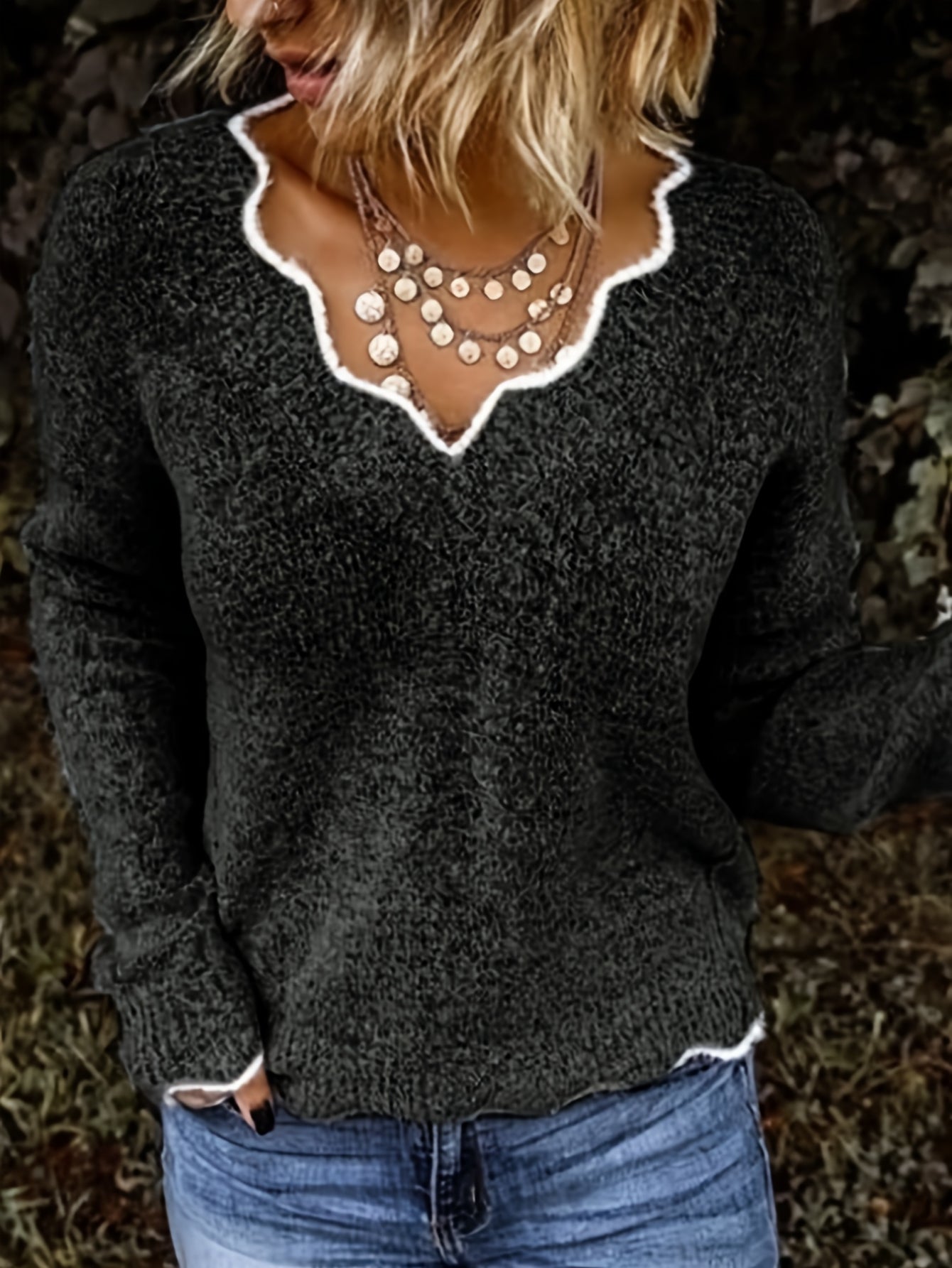 Scallop Trim Knit Sweater, Casual V Neck Long Sleeve Sweater