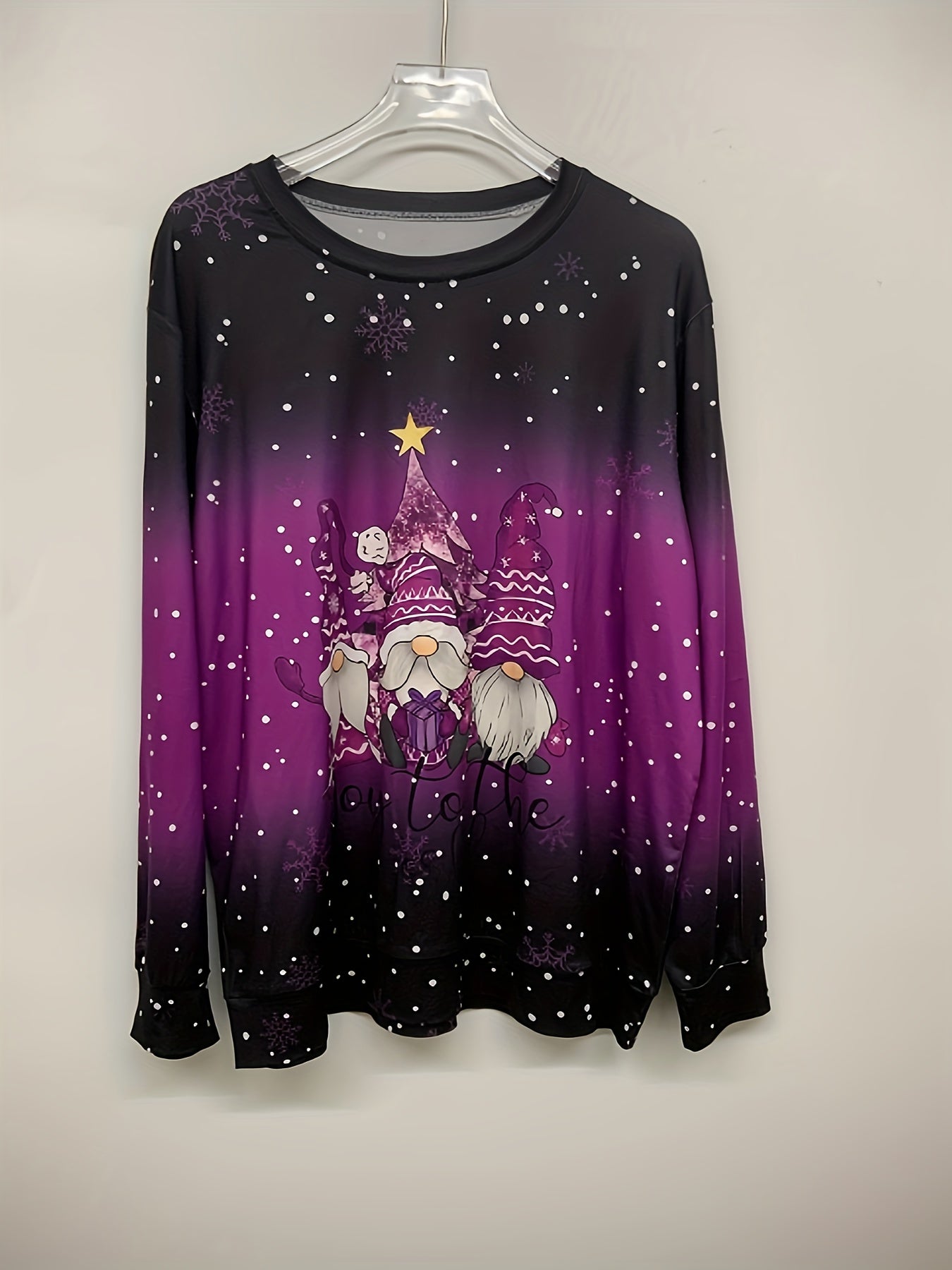 Christmas Top, Women's Christmas Dwarf & Slogan Print Ombre Long Sleeve Round Neck Slight Stretch Top