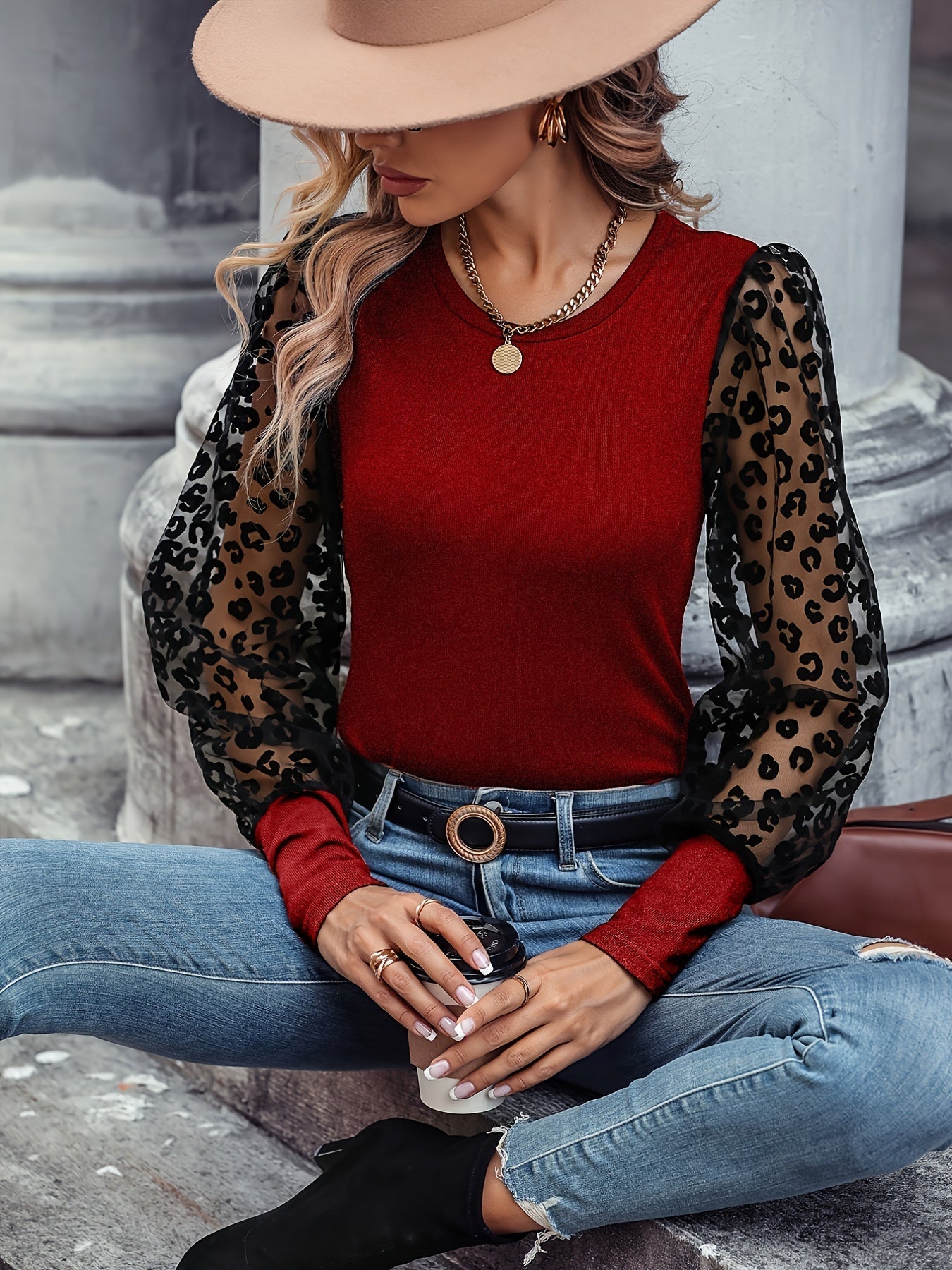 Solid Color Lace Patchwork Ballon Sleeve Ribbed Knit Tops, Elegant Everyday Blouse