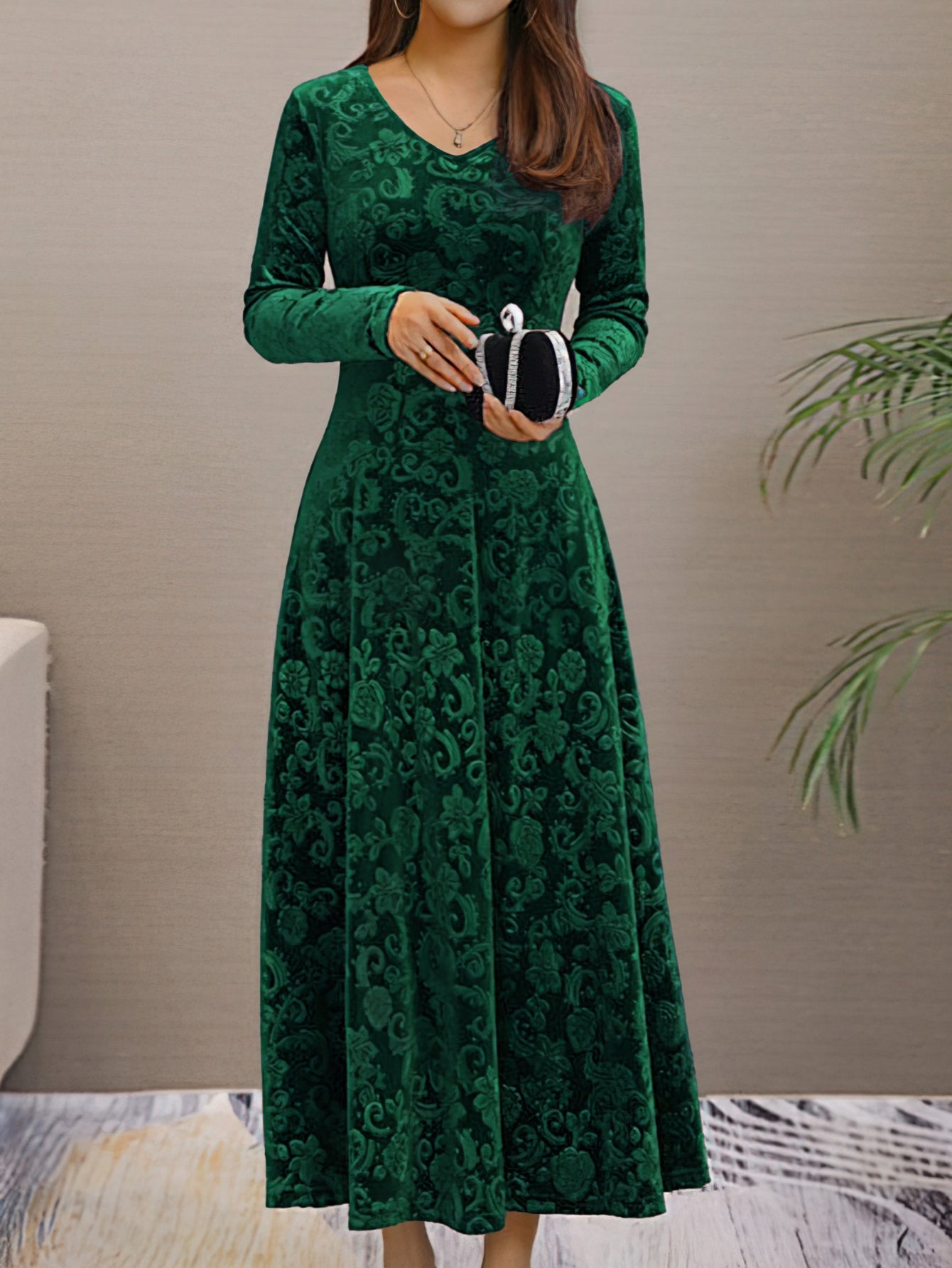 Solid Color Long Sleeve Dress, Elegant V Neck Flared Dress